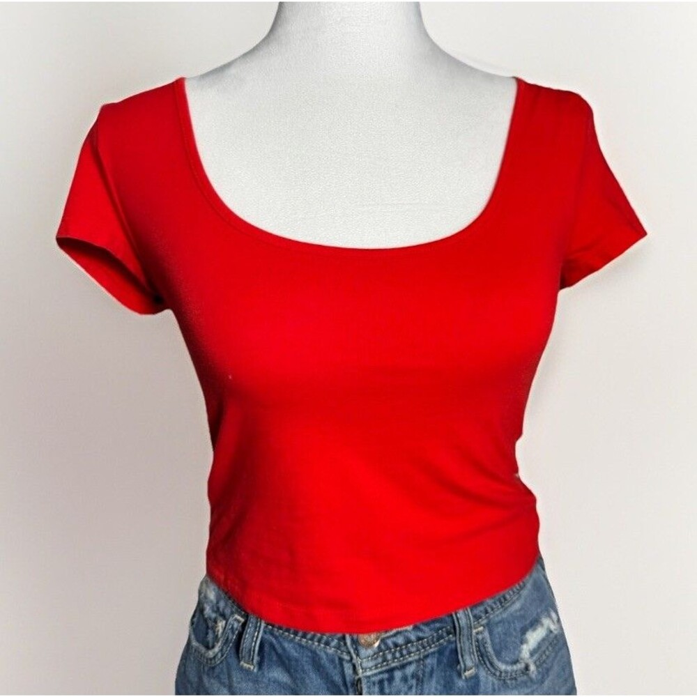 Divided H&M Red Crop Top Sz S Stretchy Bodycon 95% Cotton Short Sleeve